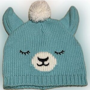 💥Knit Turquoise Blue Llama Hat Ears White Pom Knit Warm Winter Face Bonnet